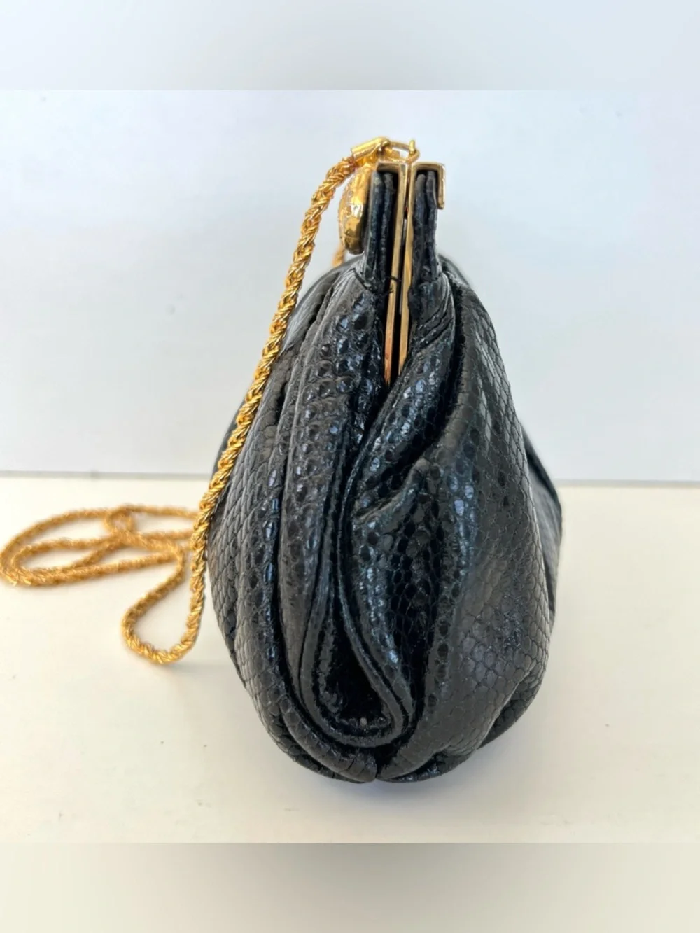 CAROL FIORI Italy Vintage Black Snake Leather Rhinestone Cocktail Evening Purse